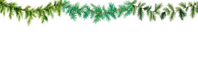 Watercolor set of green fir tree garlands. Christmas garland made of green coniferous tree branches. Natural winter and Christmas elements. Hand drawn branch of green needles.