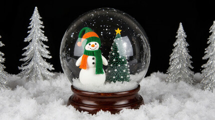 A snow globe containing a snowman wearing a green scarf and orange hat, with a small Christmas tree and snowflakes inside. The background is black with white snow.