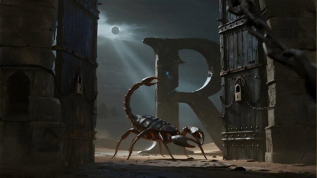 An imposing armored scorpion stands vigilant amidst crumbling ancient architecture, bathed in the enigmatic light of a colossal letter and a distant moon, evoking a scene of dark fantasy lore - Powered by Adobe