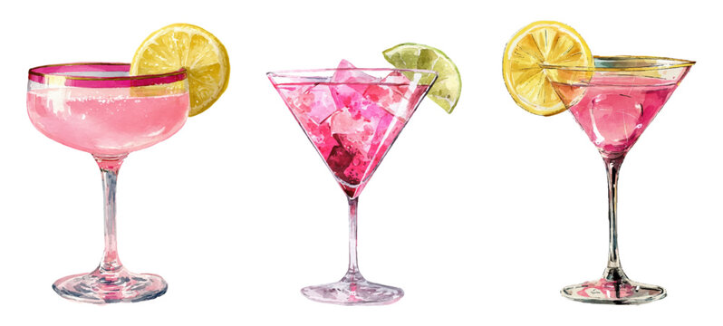 Watercolor glasses of pink cocktails. Pink martini cocktails with lime slice and ice. Glasses with coquette drinks in hand drawing style. Can be drinks for Valentine's Day, invitations to a party.