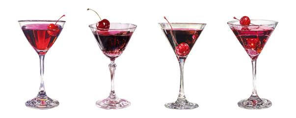 Watercolor set of cherry cocktails. Vintage glass glasses with cherry cocktails and cherries. Berry alcoholic drinks in glasses. Retro bar elements. Vector illustration.