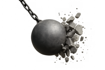 Wrecking ball demolishing obstructing barrier, crushing concepts of challenge and overcoming difficulty on transparent background