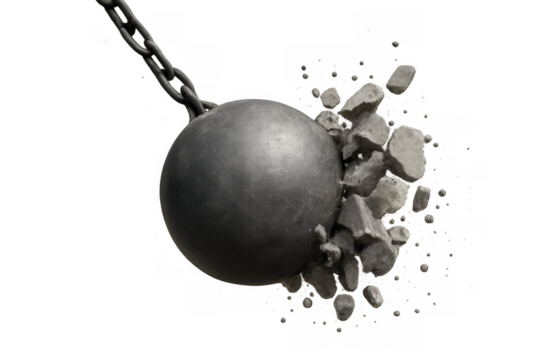 Wrecking ball demolishing obstructing barrier, crushing concepts of challenge and overcoming difficulty on transparent background