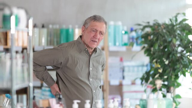 Senior man aged about sixty-five experiencing intense lower back pain due to sciatica or radiculitis while looking for medicine at local drugstore 