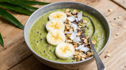 A healthy green smoothie bowl topped with banana slices, granola, and coconut flakes. The bowl is placed on a wooden surface with green leaves in the background.
