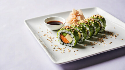 Sushi rolls arranged on a white plate. The rolls contain vegetables and are garnished with sesame seeds. A small bowl of soy sauce and pickled ginger accompany the dish.