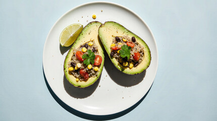 Halved avocado filled with black beans, corn, and diced tomatoes on a white plate. A lime wedge is placed beside the avocado. Simple and healthy meal.