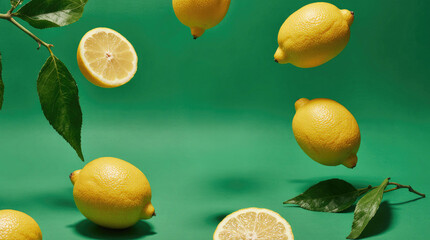 Fresh lemons floating against a green background. Whole and sliced lemons are visible, surrounded by green leaves. Bright and vibrant colors create a fresh atmosphere.