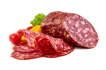 Salami slices with Tomatoes, Pepper and Lettuce, isolated on white background