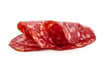 Salami slices, cured meat delicacy, isolated on white background