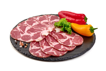 Capocollo Slices with Peppers and Lettuce, isolated on white background