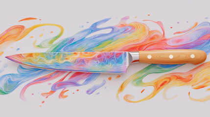 Fototapeta premium Rainbow Knife: A unique culinary tool, the knife is adorned with vibrant colors resembling a rainbow, resting against a backdrop of fluid, painted strokes.