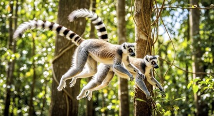 Obraz premium A lemur pair leaping between trees in Madagascar forest 4