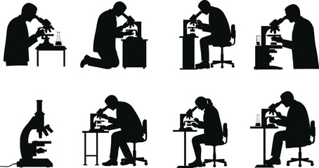Microscope Silhouette Set Featuring Scientists in Various Lab Postures with Equipment for Research, Observation, and Scientific Discovery