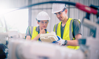 Engineers team mechanic using computer controller Robotic arm for welding steel in steel factory workshop. Industry robot programming software for automated manufacturing technology