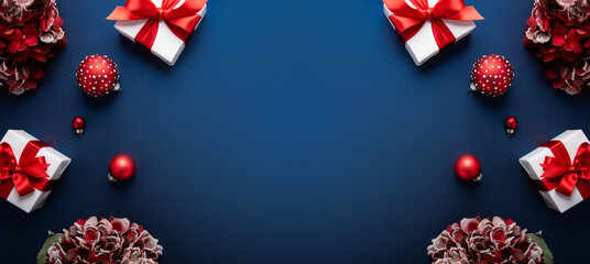 Merry Christmas and Happy Holidays greeting card, frame, banner. New Year. Christmas. Red and white Christmas decorations and gifts on blue background top view. Winter xmas holiday celebration theme.