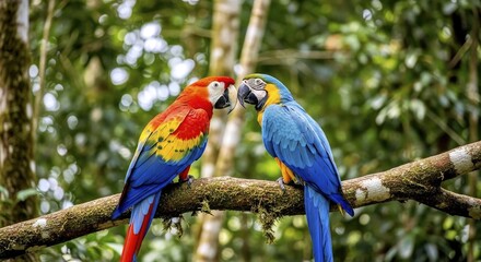 Obraz premium A macaw pair perched facing each other in foliage 2