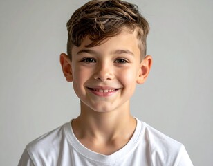 A charming portrait showcases a young boy's genuine smile. He has light skin, brown eyes, neatly styled brown hair, and is wearing a white t-shirt