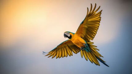 Blue and gold macaw parrot in flight against a soft sky