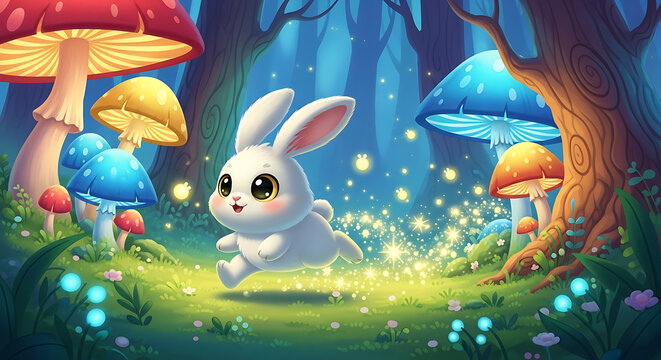 Cute Rabbit Jumps Magic Sparkle Trail Mushroom Fairy Tale