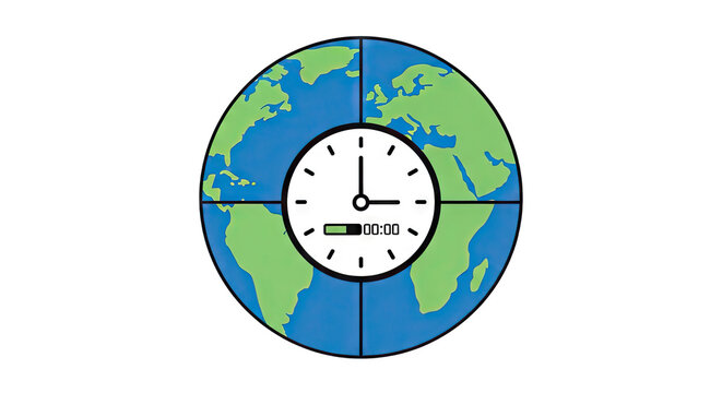 Colorful world clock design showing global time zones with continents