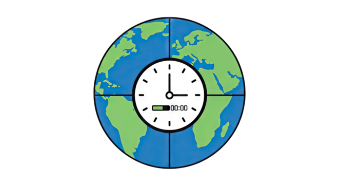 Colorful world clock design showing global time zones with continents