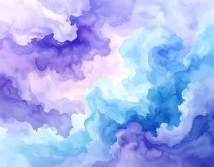 An abstract composition of swirling, ethereal clouds in varying shades of purple and blue against a pale pink backdrop