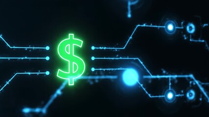 Glowing digital currency symbol in neon green, surrounded by abstract circuit patterns and blue lines, represents innovation and modern finance technology integration in digital economy - Powered by Adobe