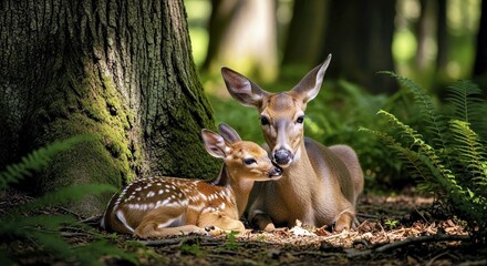 A mother deer and fawn under dappled forest light 2