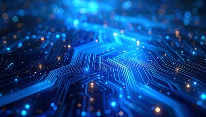 Abstract illustration of an intricate circuit board with glowing blue pathways and bokeh lights. The design is detailed, futuristic, and illuminated