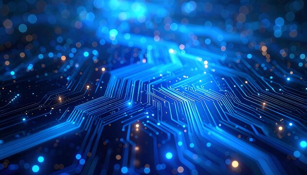Abstract illustration of an intricate circuit board with glowing blue pathways and bokeh lights. The design is detailed, futuristic, and illuminated