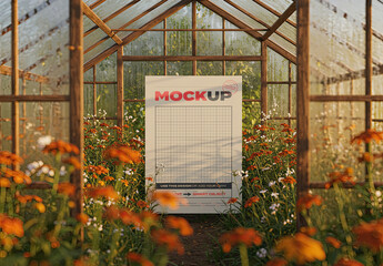 Poster Mockup on Greenhouse with Flowers