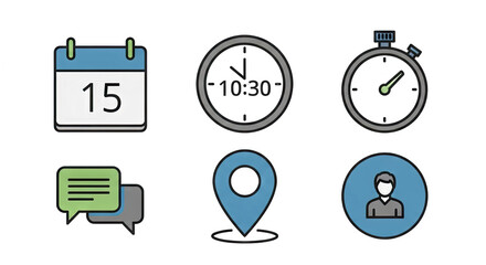 Calendar, clock, and location icons representing time management and planning