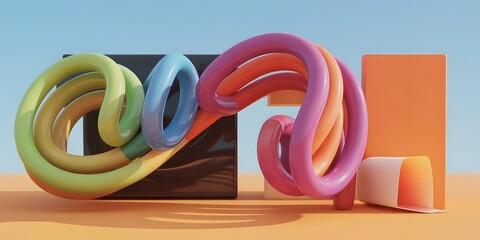 Abstract colorful twisted tubes and geometric shapes on a table