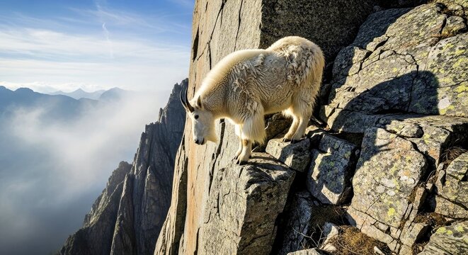 A mountain goat navigating sheer rocky cliff ledges 2