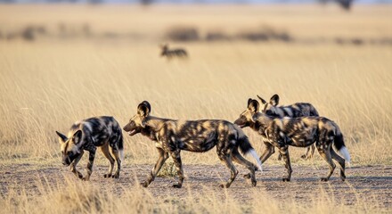 A pack of African wild dogs hunting in savanna heat 3