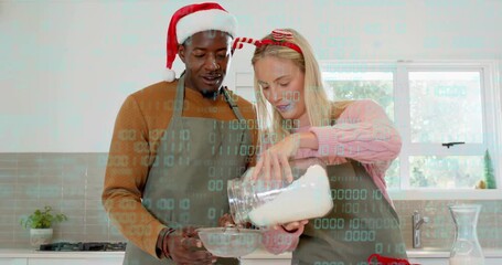 Woman tilting jar pouring flour into bowl man holds, sifting powder through metal sieve for baking - Powered by Adobe