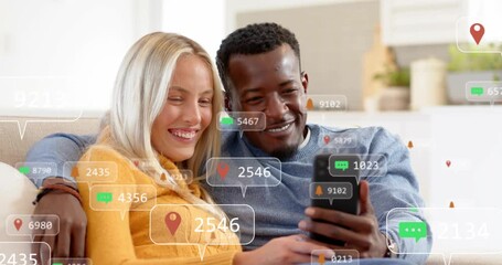 tech driven couple scrolling phone, celebrating heart chat pin and bell overlays rising around them - Powered by Adobe