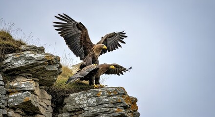 A pair of eagles mating in midair above a cliff 1