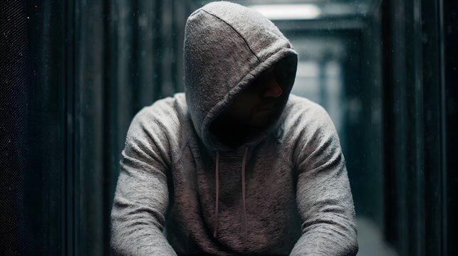Anonymous figure in a grey hoodie head down sits in contemplation amidst towering server racks in a dimly lit modern data center environment