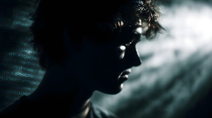 Silhouette of a young person in profile against a dark digital binary code background with dramatic lighting
