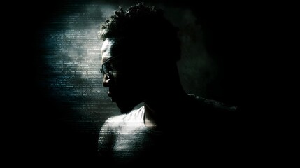 A dark silhouette of a person wearing glasses in profile with a digital code overlay