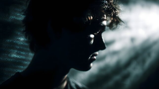 Silhouette of a young person in profile against a dark digital binary code background with dramatic lighting