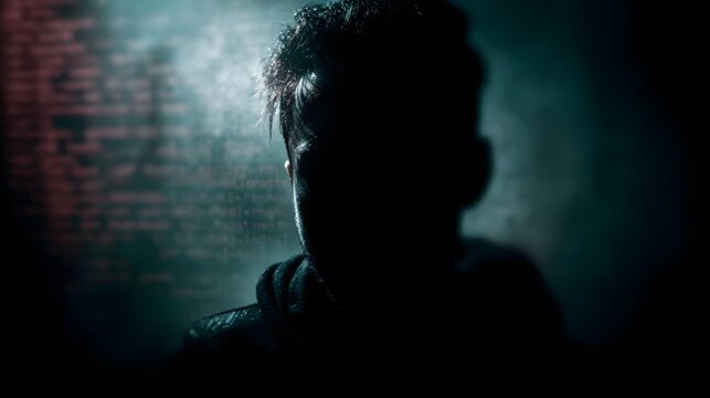 A person s silhouette is illuminated by glowing lines of digital code against a dark mysterious background