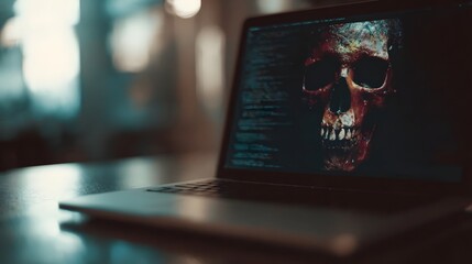 A dark laptop screen displays a skull graphic superimposed on flowing code symbolizing digital danger