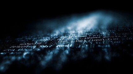 Abstract digital background with glowing lines of code and data streams shrouded in ethereal mist and illuminated by mysterious blue light