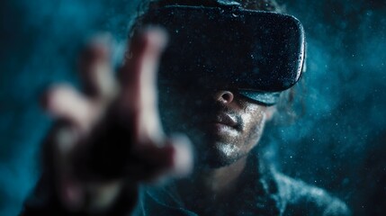 A person wearing a virtual reality headset reaches out exploring a dark atmospheric digital realm filled with luminous particles