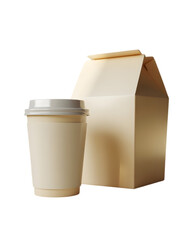Minimalist Coffee Cup and Takeaway Box Mockup on Clean Background 
photorealistic mockup of a blank coffee cup and food takeaway box isolated on transparent background. Perfect for branding 