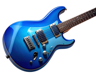 Electric Blue Guitar with Metallic Strings, isolated on transparent background