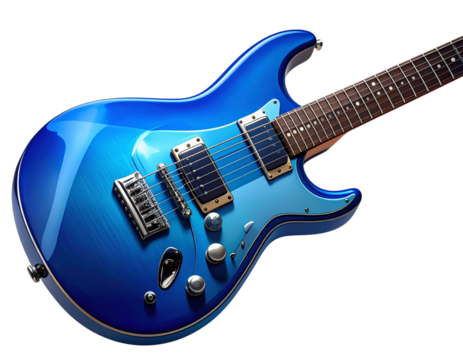  Electric Blue Guitar with Metallic Strings, isolated on transparent background 